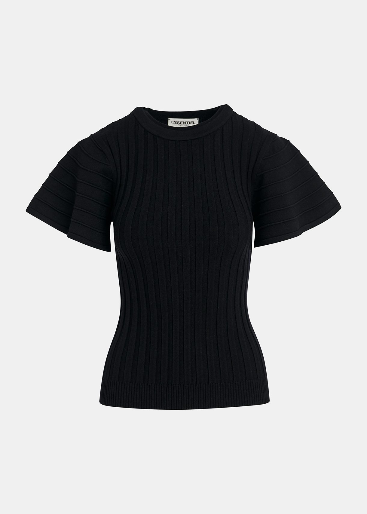 Black rib-knitted top with flared short sleeves | Essentiel
