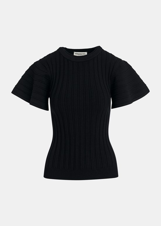 Black rib-knitted top with flared short sleeves