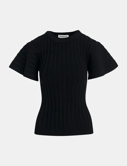 Black rib-knitted top with flared short sleeves