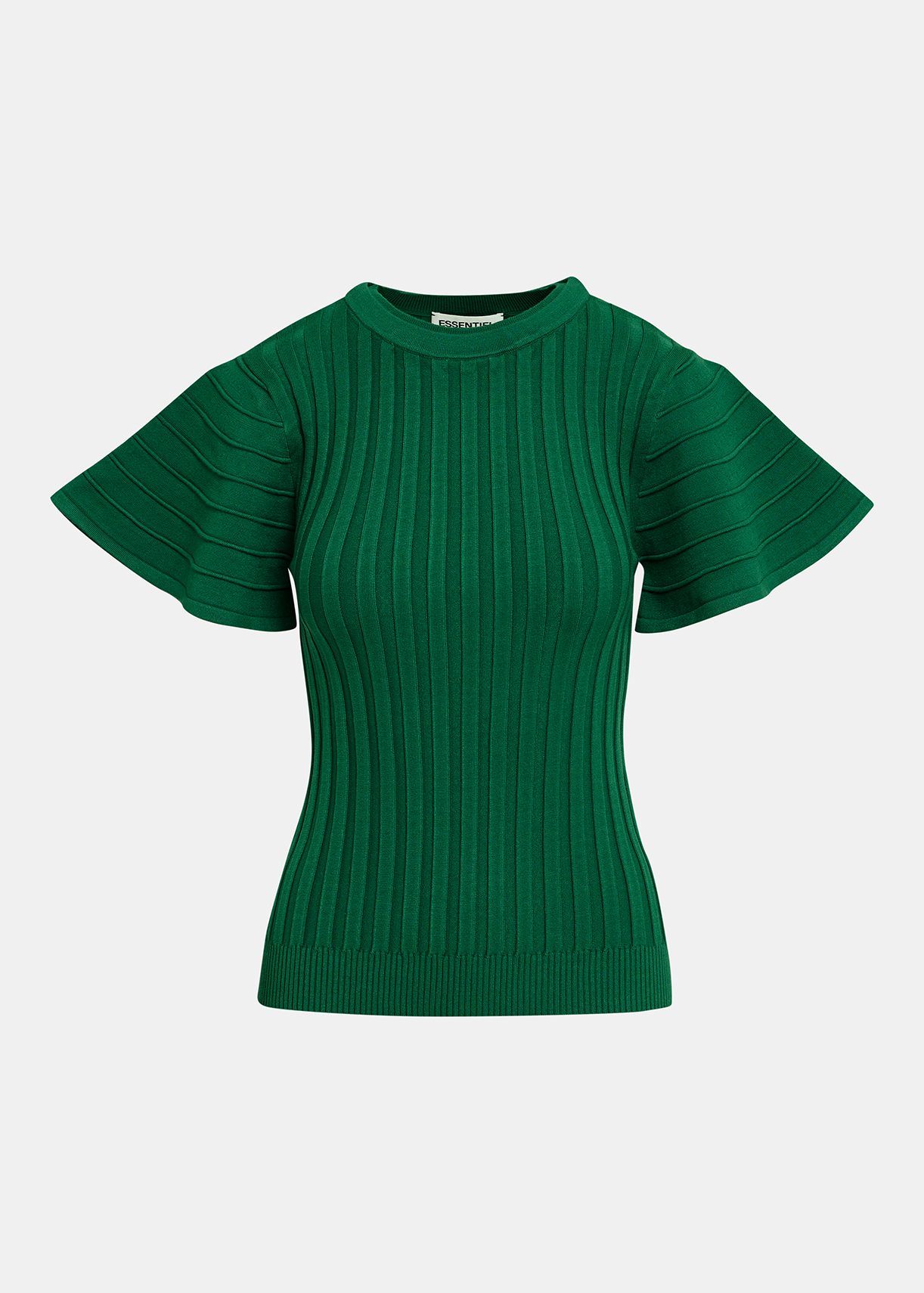 Dark green rib-knitted top with flared short sleeves | Essentiel