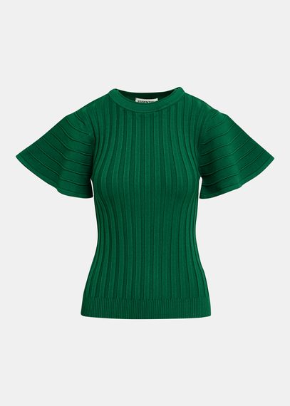 Top verde scuro in maglia a coste con maniche corte svasate