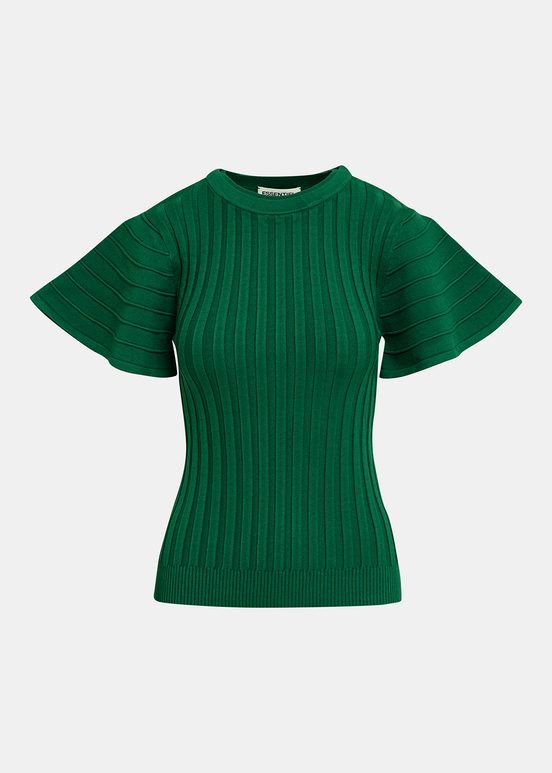 Top verde scuro in maglia a coste con maniche corte svasate