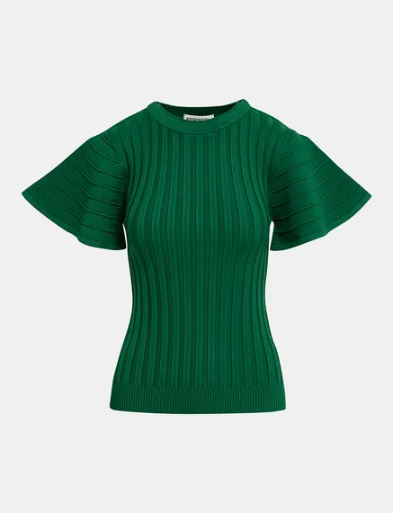 Top de punto elástico con mangas cortas acampanadas, verde oscuro