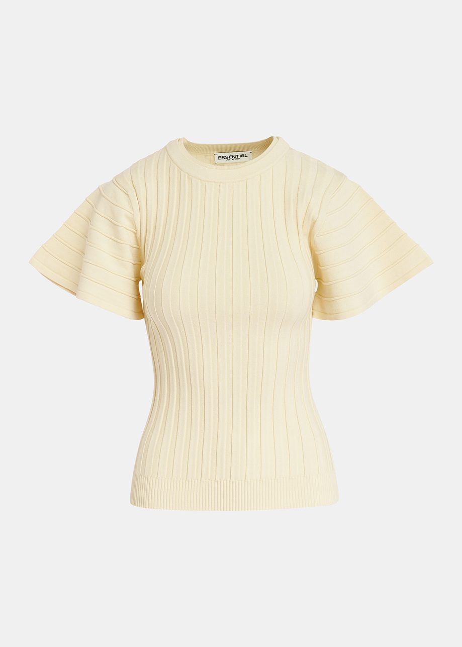 Ecru rib-knitted top with flared short sleeves