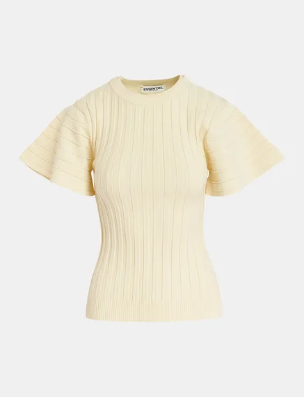 Ecru rib-knitted top with flared short sleeves