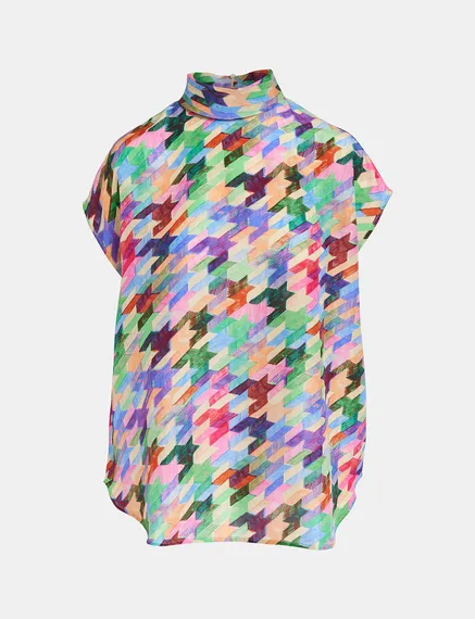 Multicolor silk top with geometric print