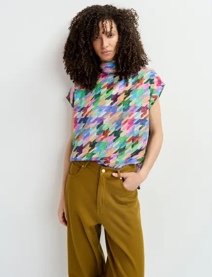 Multicolor silk top with geometric print