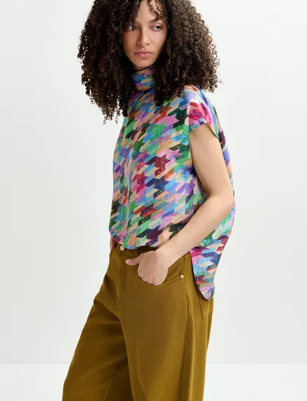 Multicolor silk top with geometric print