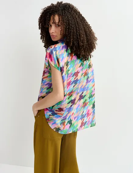 Multicolor silk top with geometric print