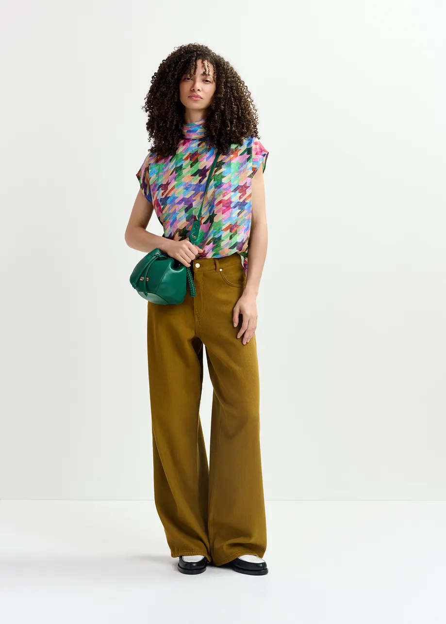 Multicolor silk top with geometric print