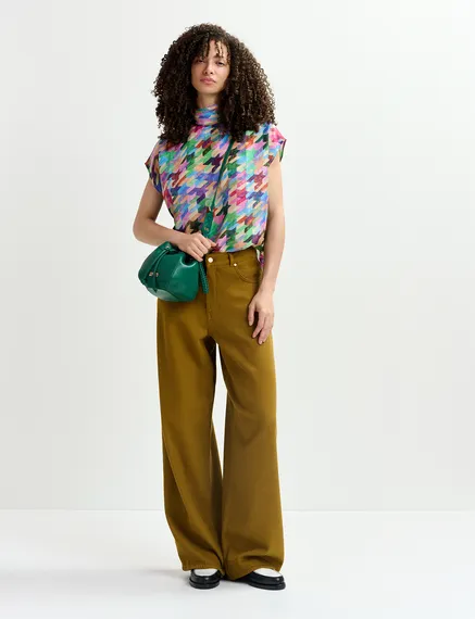 Multicolor silk top with geometric print