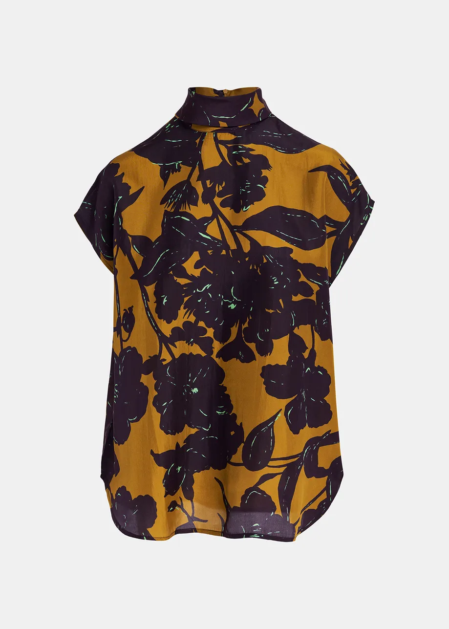 Bronzen zijden top met bloemenprint