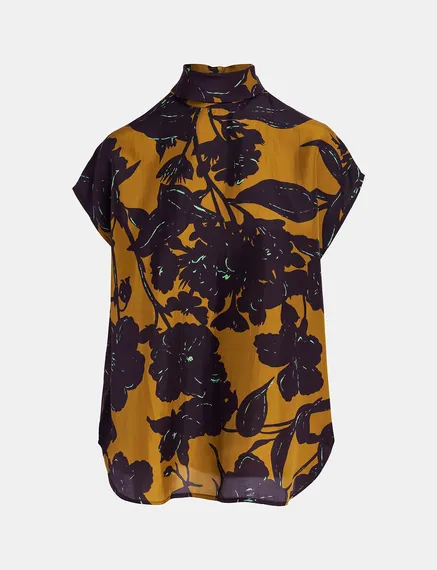 Bronzen zijden top met bloemenprint