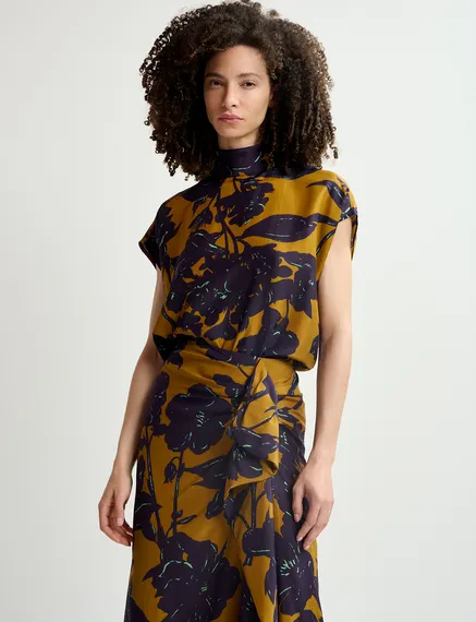 Bronze silk top with floral print