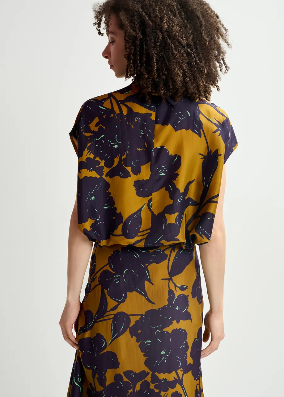 Bronzen zijden top met bloemenprint