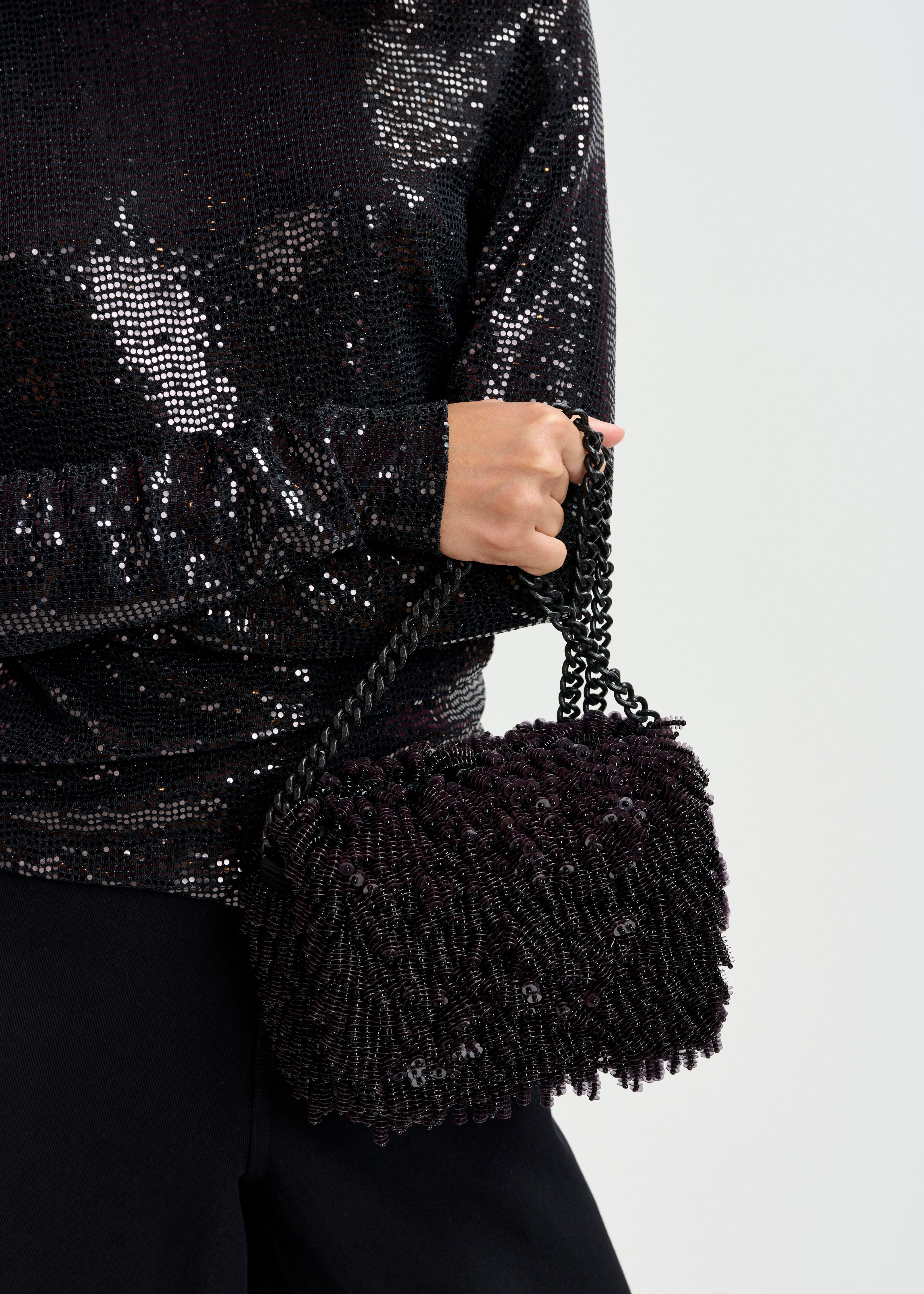 Black sequin and bead-embellished bag