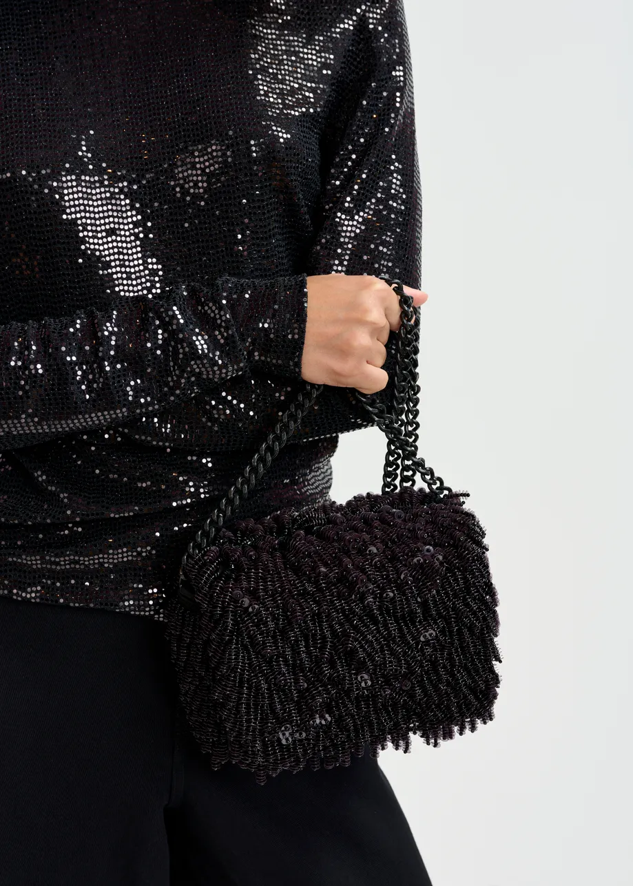 Black sequin and bead-embellished bag