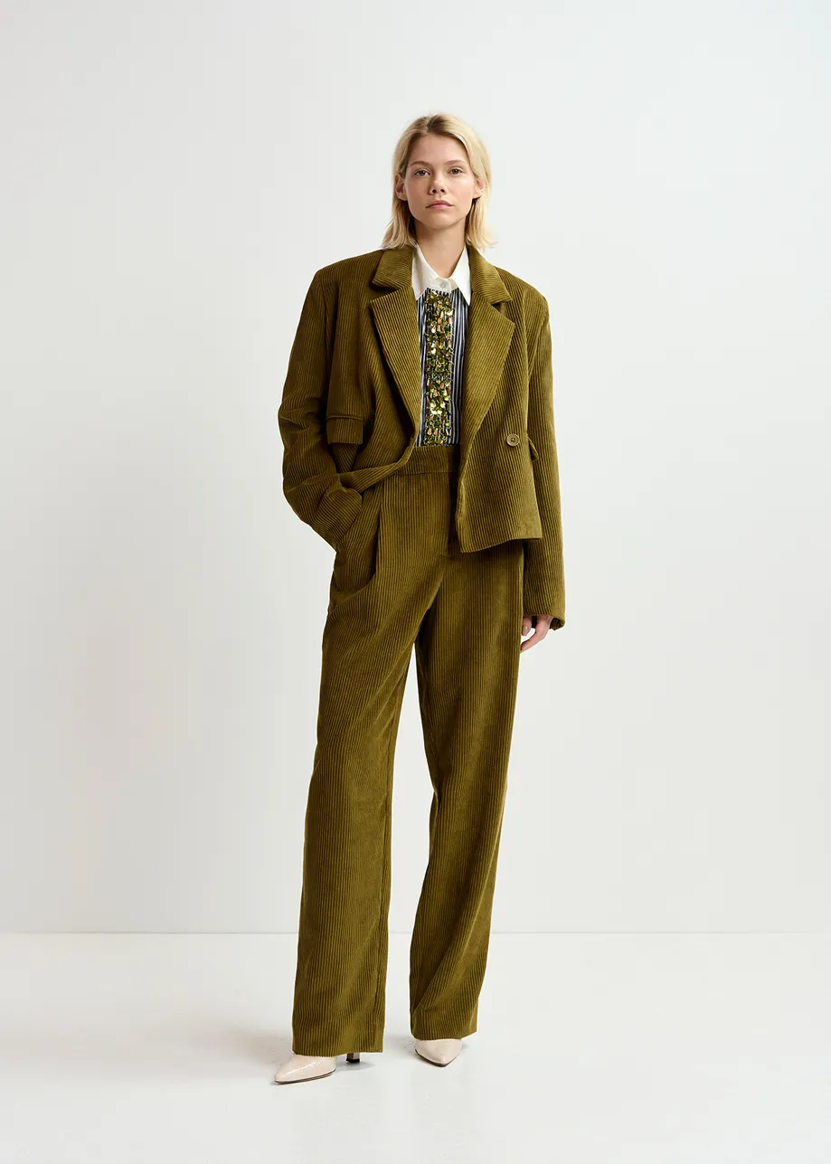 Khaki corduroy tapered-leg pants