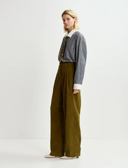 Khaki corduroy tapered-leg pants