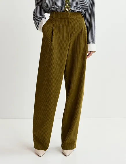 Khaki corduroy tapered-leg pants