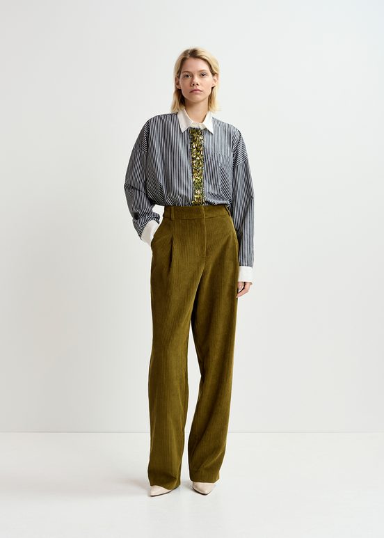 Khaki corduroy tapered-leg pants