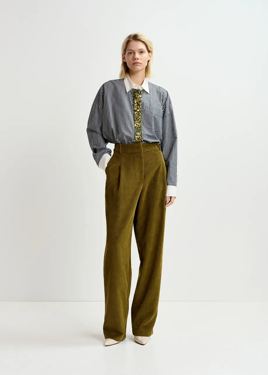 Khaki corduroy tapered-leg pants