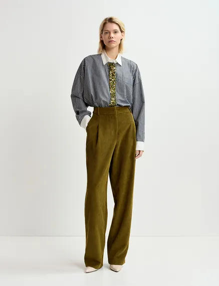 Khaki corduroy tapered-leg pants