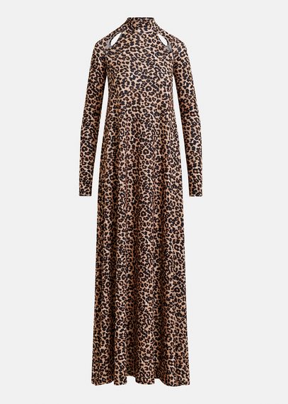 Robe maxi en jersey brune à imprimé léopard