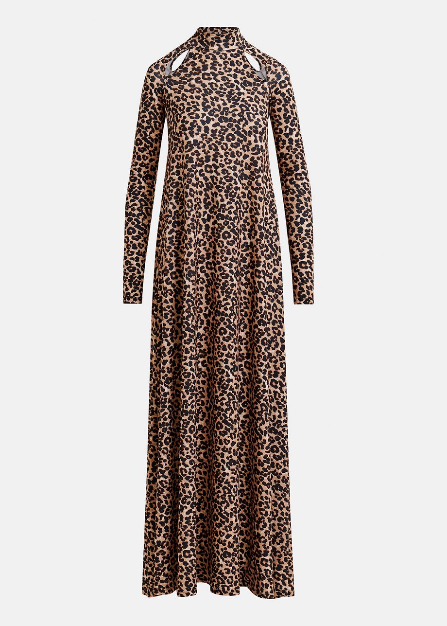 Bruine maxi-jurk van stretch jersey met luipaardprint