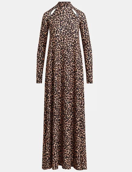 Robe maxi en jersey brune à imprimé léopard