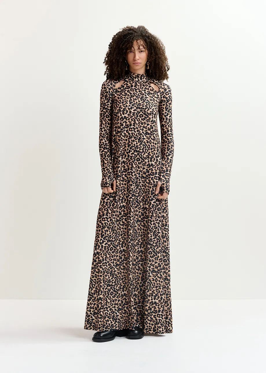 Brown stretch-jersey maxi-length dress with leopard print