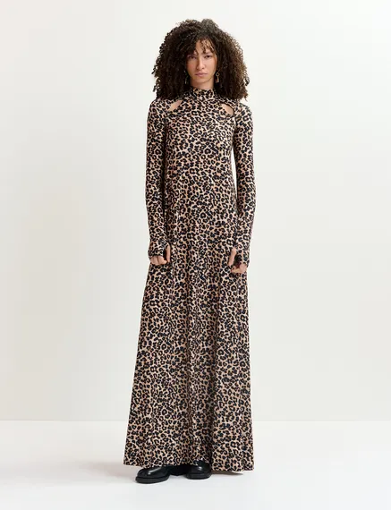 Robe maxi en jersey brune à imprimé léopard