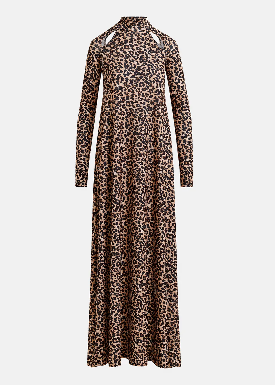 Brown stretch-jersey maxi-length dress with leopard print