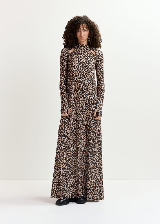 Robe maxi en jersey brune à imprimé léopard