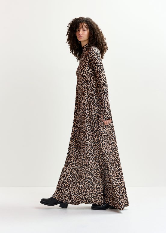 Robe maxi en jersey brune à imprimé léopard