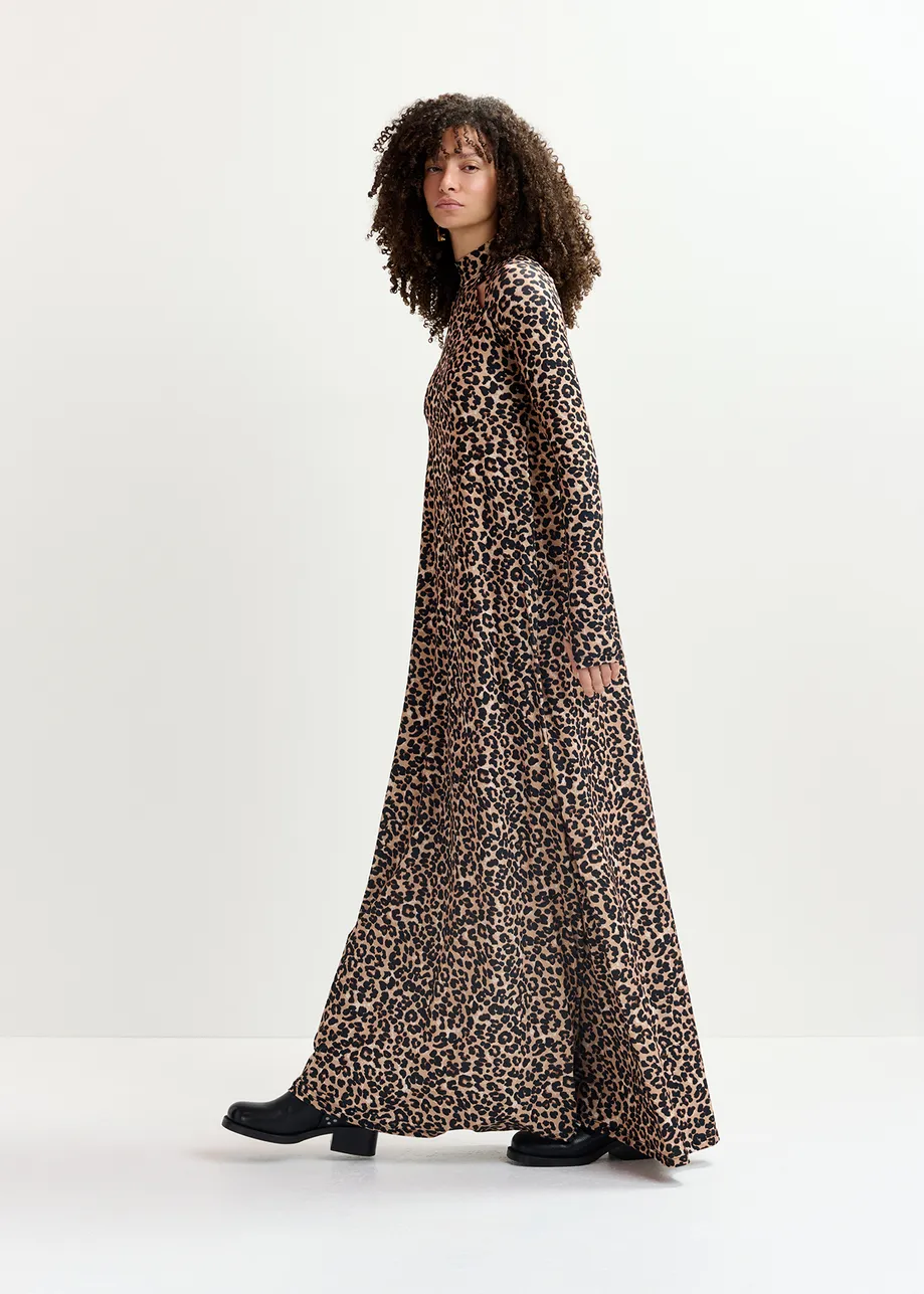 Brown stretch-jersey maxi-length dress with leopard print