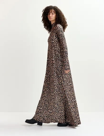 Bruine maxi-jurk van stretch jersey met luipaardprint