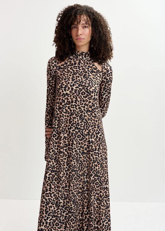 Bruine maxi-jurk van stretch jersey met luipaardprint