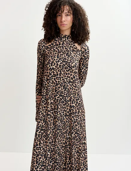 Bruine maxi-jurk van stretch jersey met luipaardprint