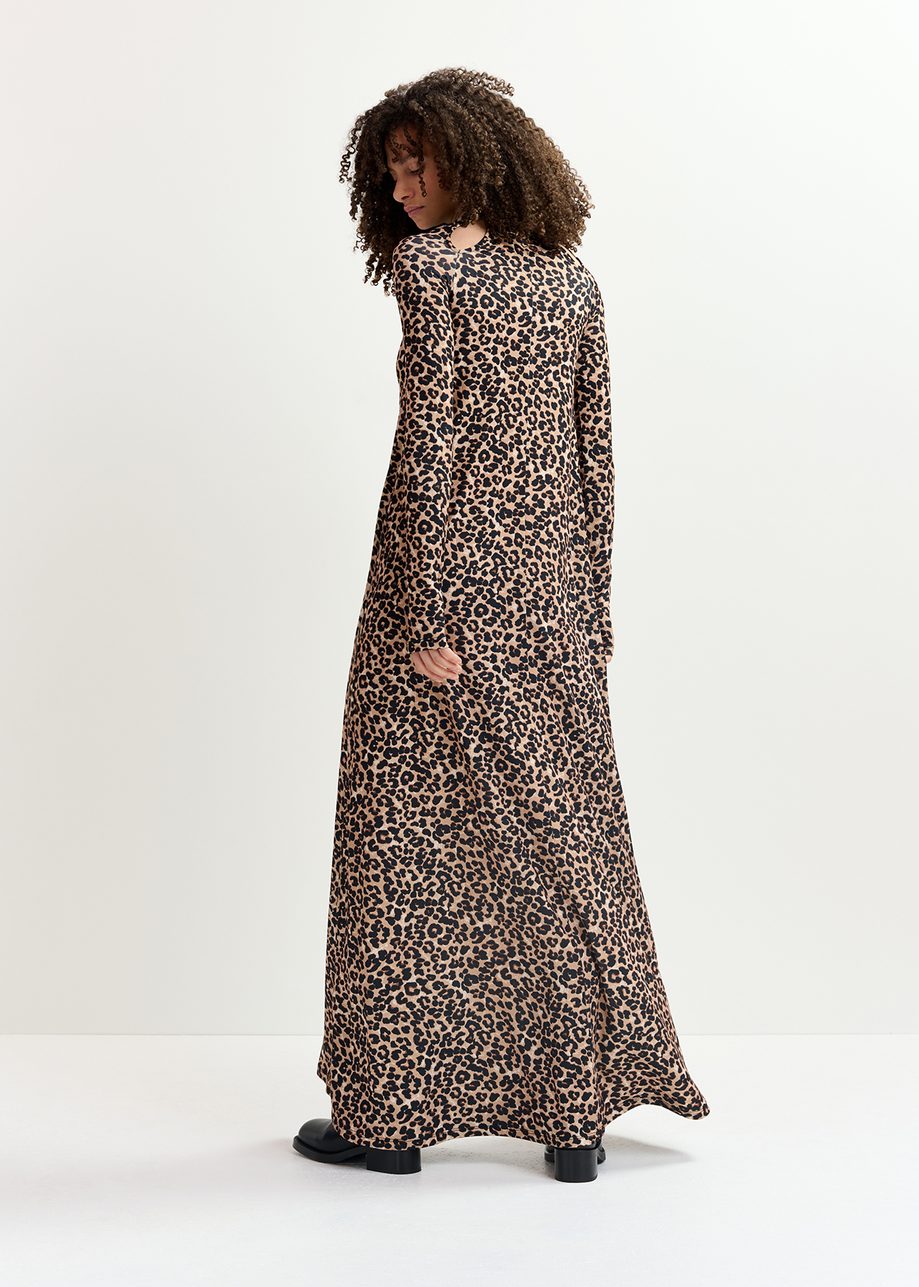 Bruine maxi-jurk van stretch jersey met luipaardprint