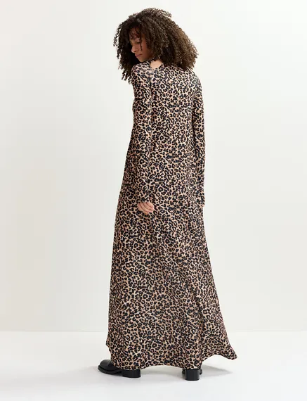 Bruine maxi-jurk van stretch jersey met luipaardprint