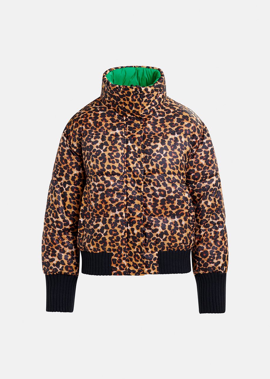 Green and leopard-print reversible puffer jacket