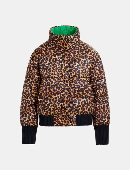 Green and leopard-print reversible puffer jacket