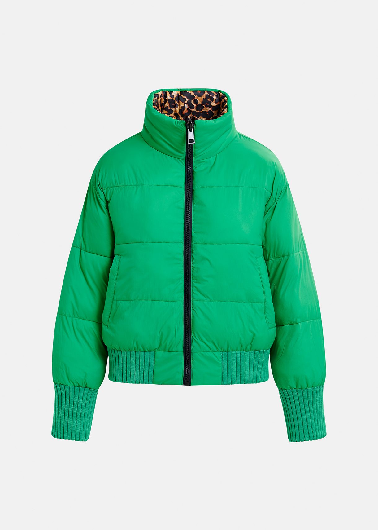 Green and leopard-print reversible puffer jacket