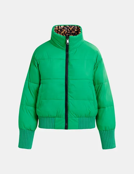 Green and leopard-print reversible puffer jacket