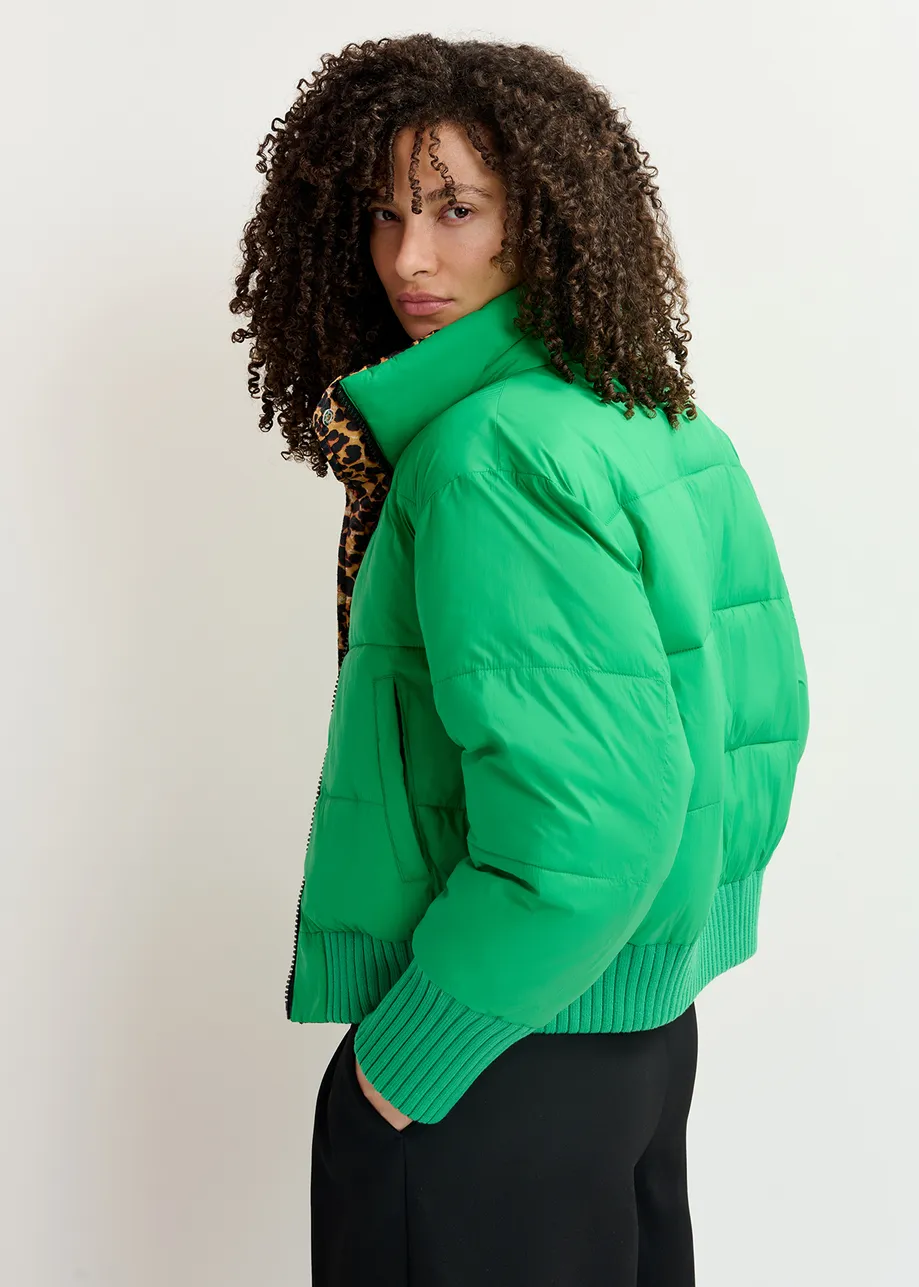 Green and leopard-print reversible puffer jacket