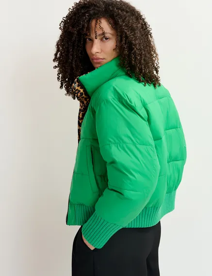 Green and leopard-print reversible puffer jacket