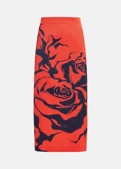 Red maxi-length skirt with floral print