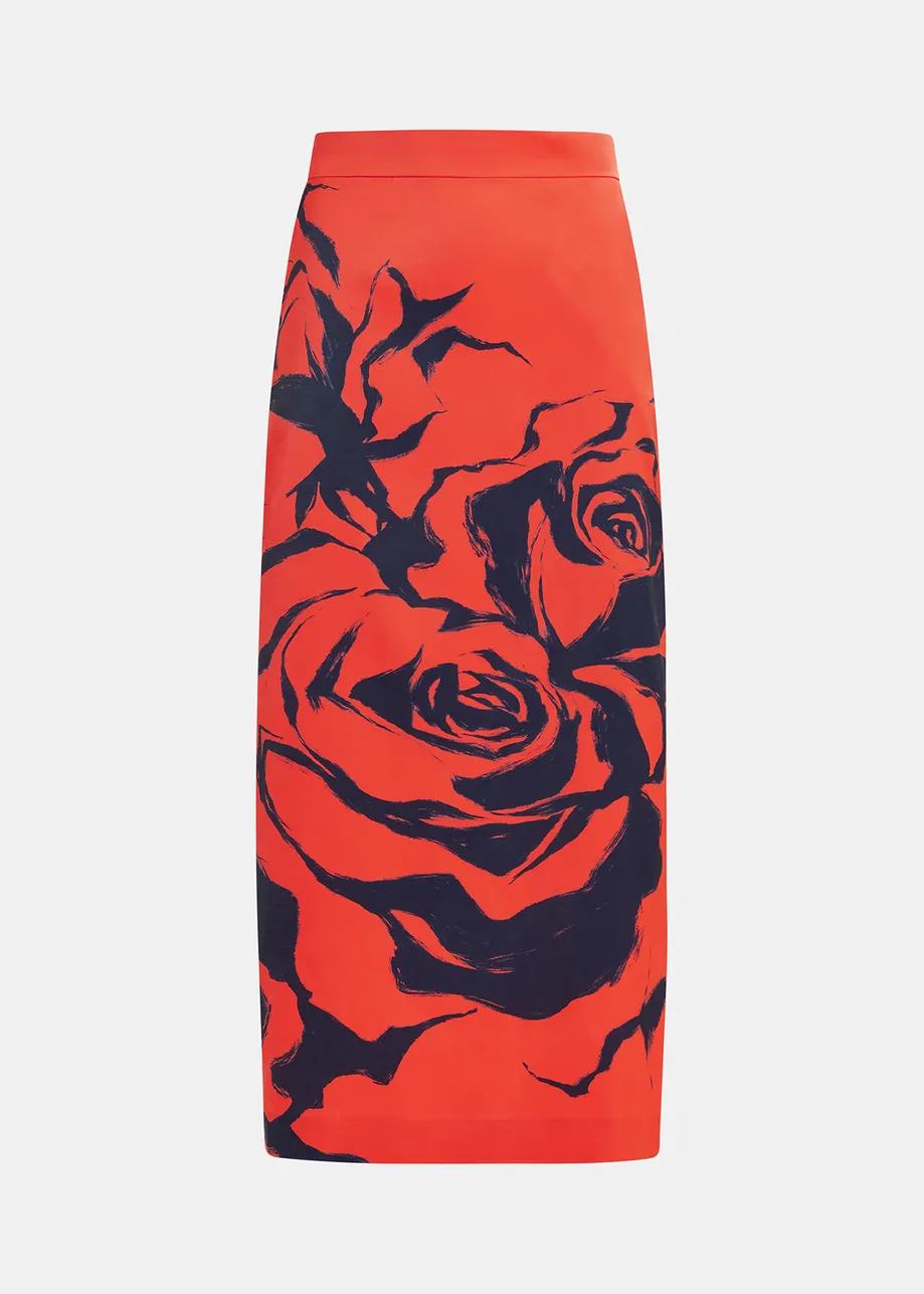 Red maxi-length skirt with floral print