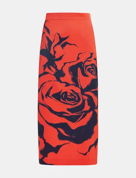 Red maxi-length skirt with floral print